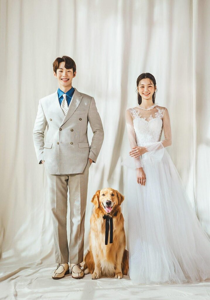 Chụp ảnh cưới cùng phụ kiện trong studio với thú cưng